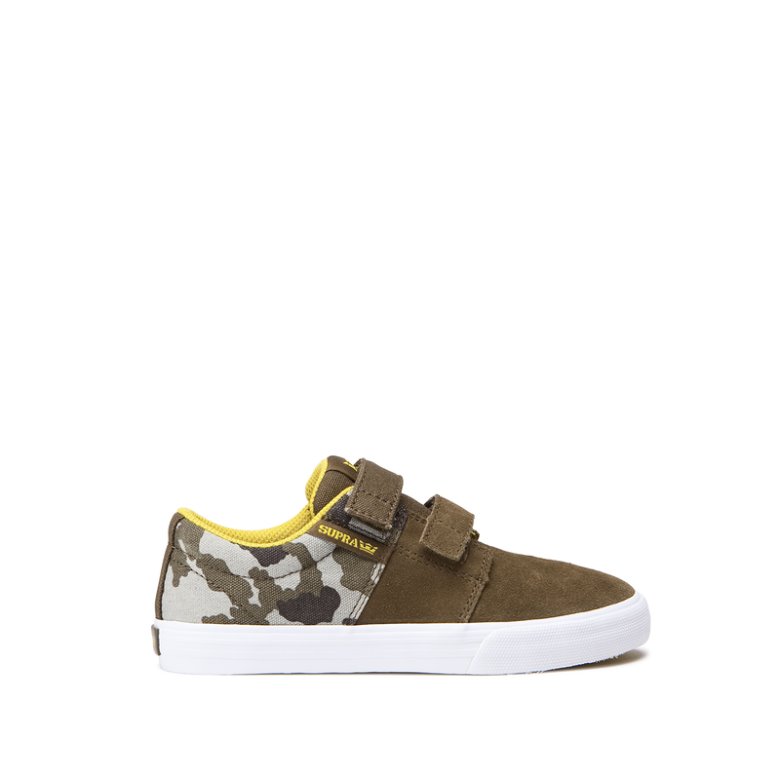 Supra Lave Stacks II Vulc Borrelås Sko Barn Olivengrønne Camouflage Gul Hvite | XKAU4S1